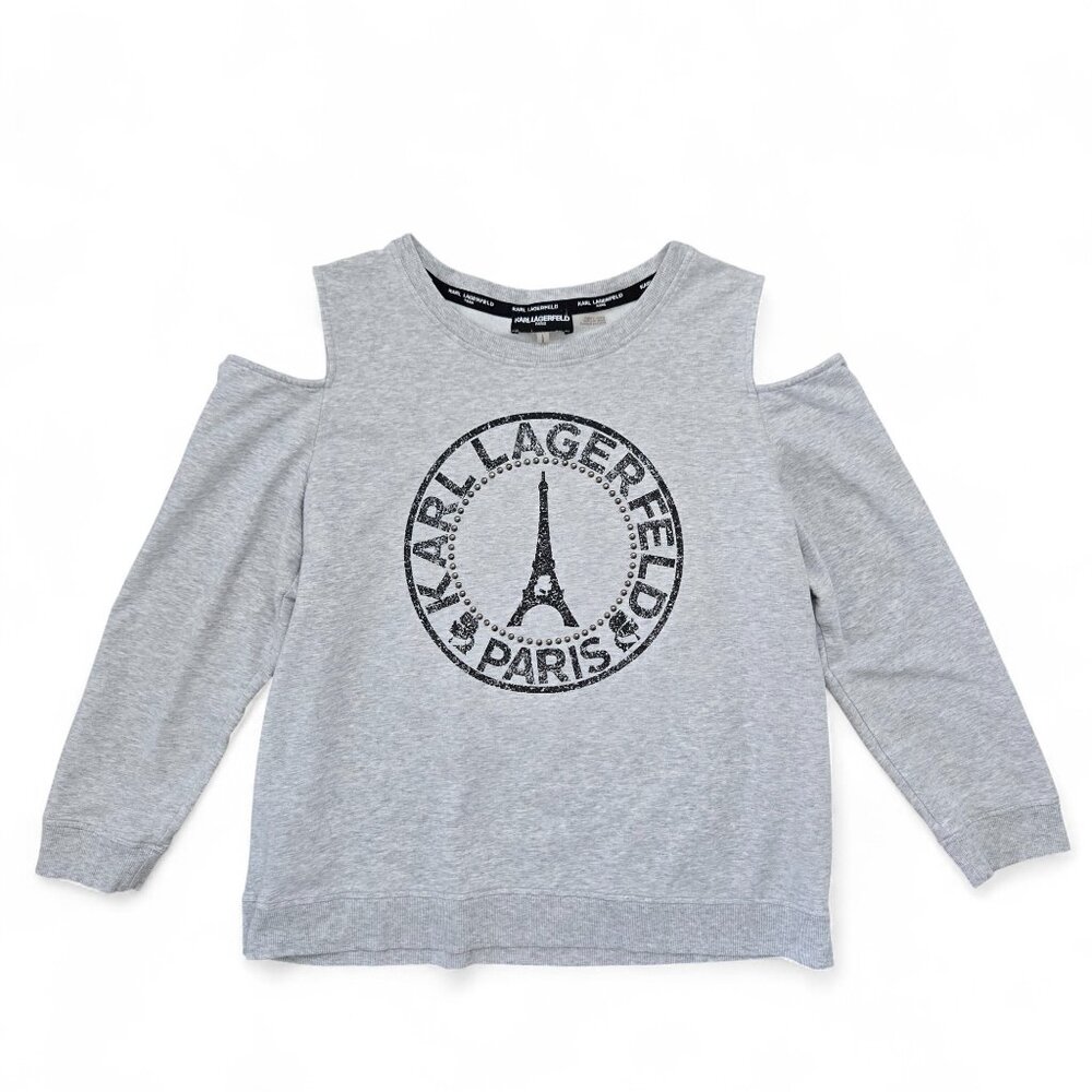 Karl Lagerfeld Paris Cold Shoulder‎ Boxy Sweatshirt Women's Studded Graphic L